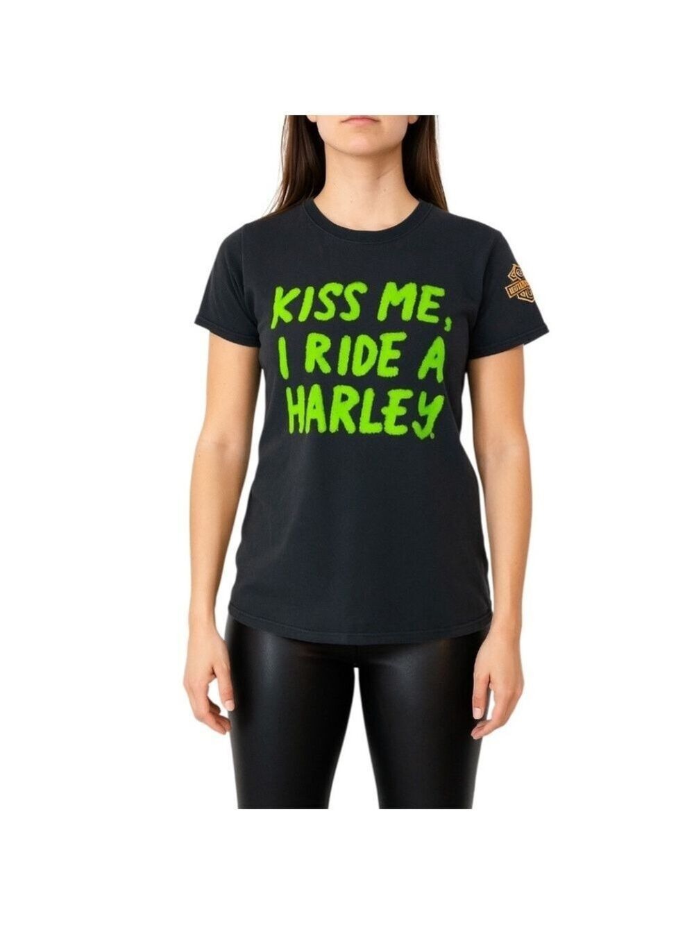 Harley Davidson Kiss Me I Ride a Harley black green crew neck t shirt 2XL